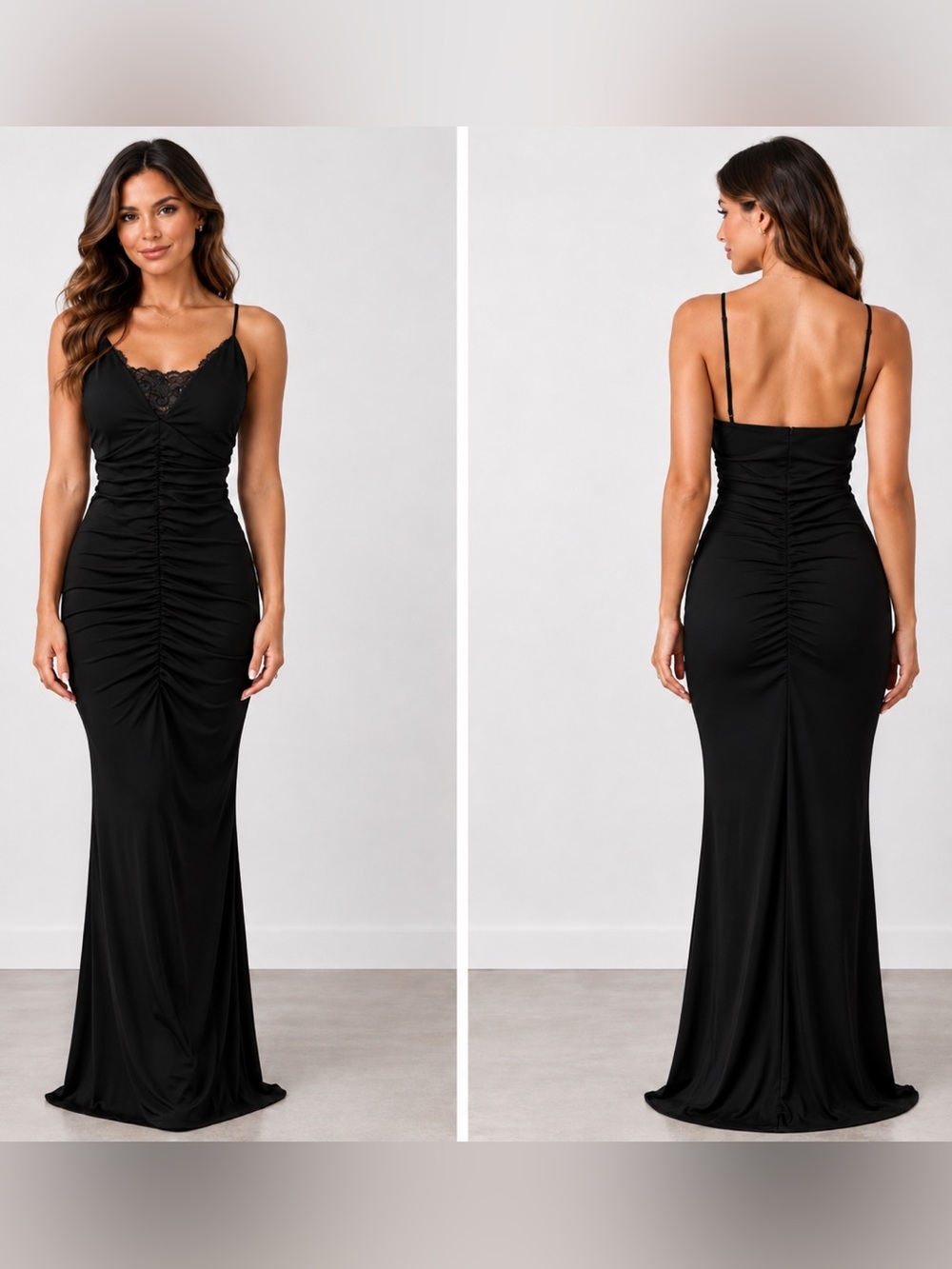 Windsor Black Ruched V-Neck Lace Trim Maxi Prom Gown Dress S EUC